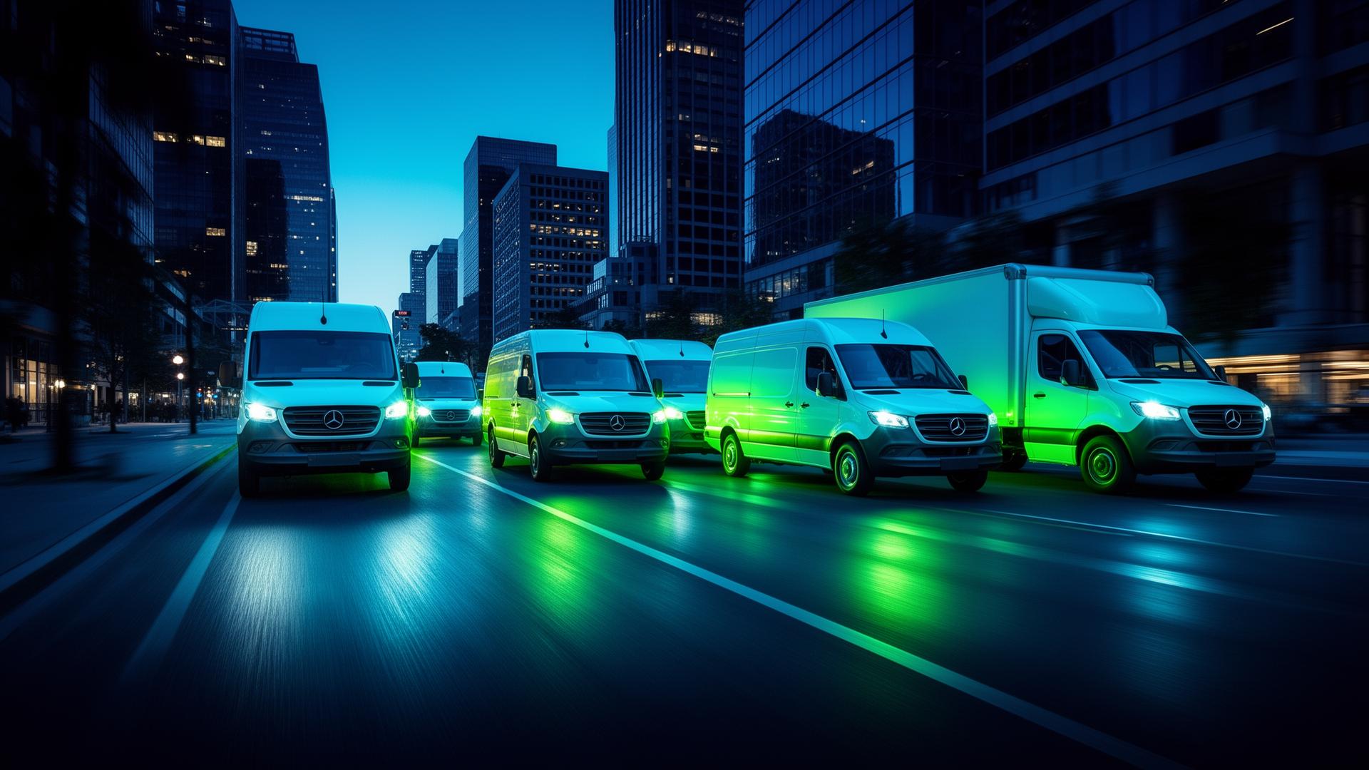 Fleet of cargo vans, sprinter vans and a box truck moving through a city at dusk